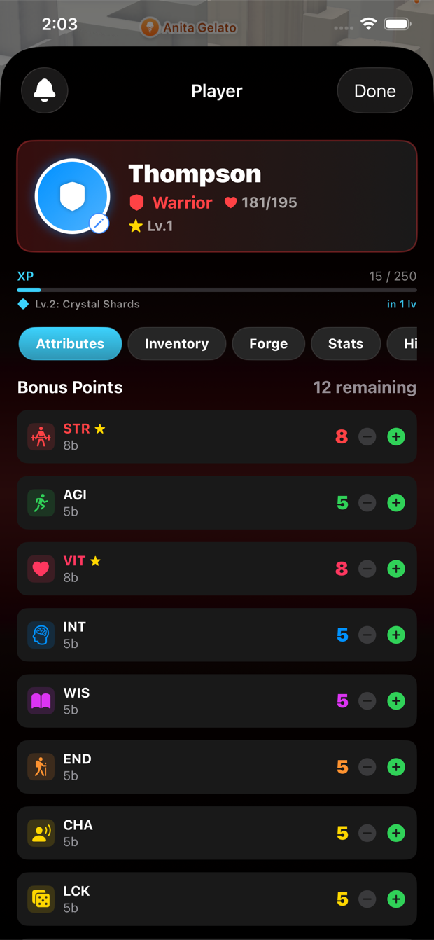 Twelve RPG attributes with bonus points to spend