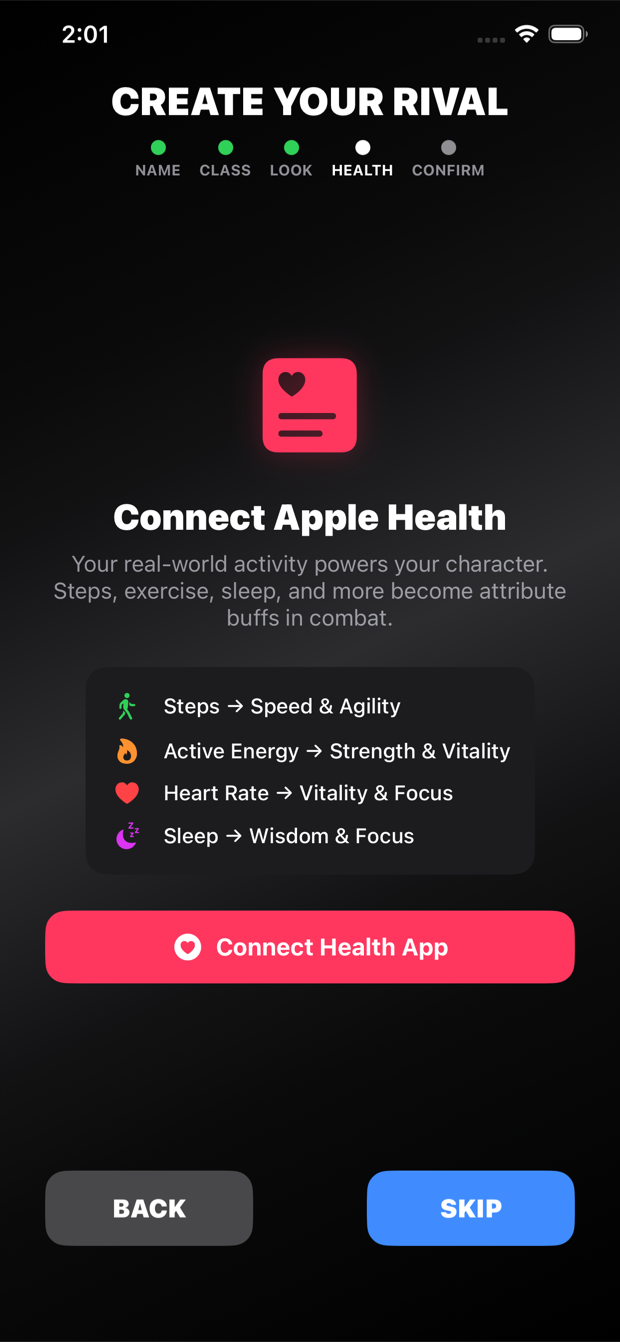 Connect Apple Health so steps, energy, heart rate, and sleep power your attributes