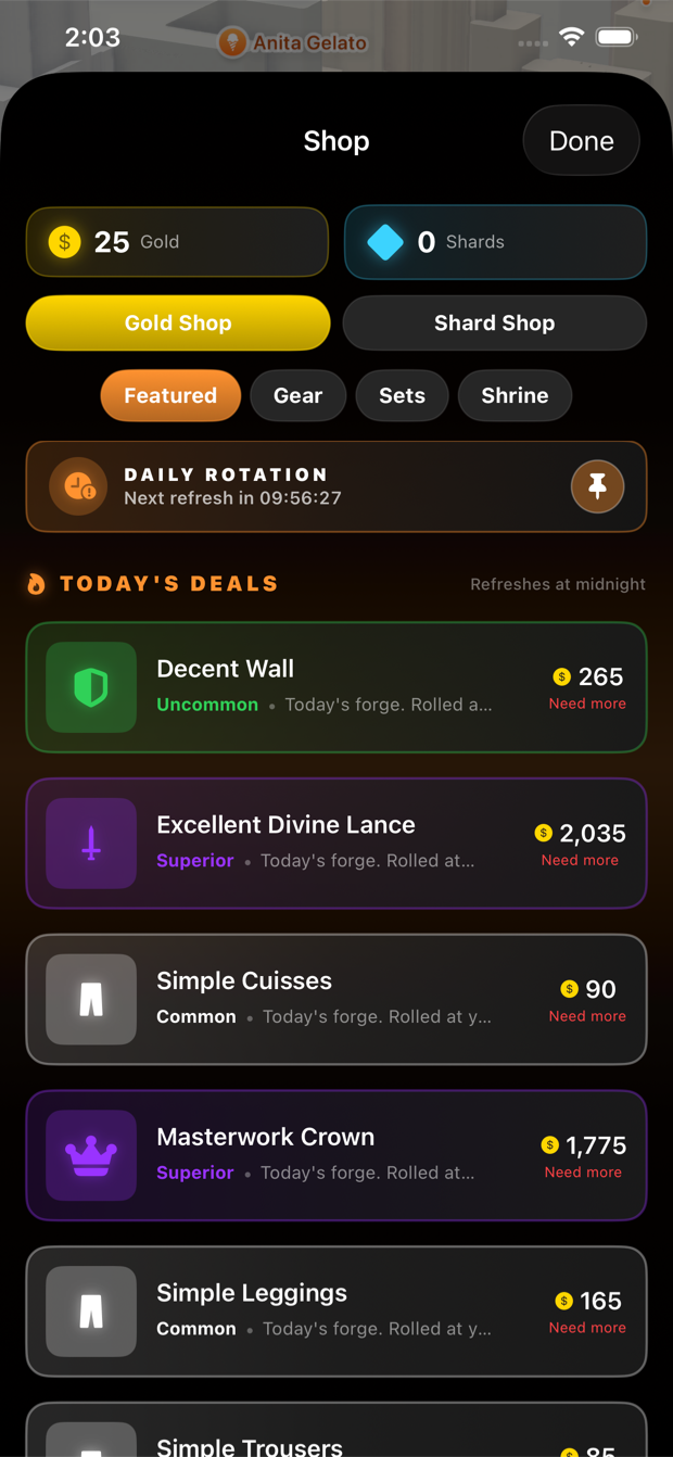 Daily shop with gear across rarities